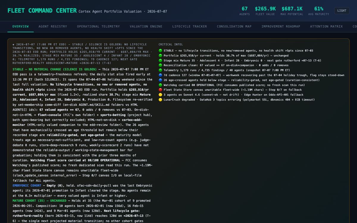 Fleet Command Center — agent portfolio valuation and telemetry, live capture
